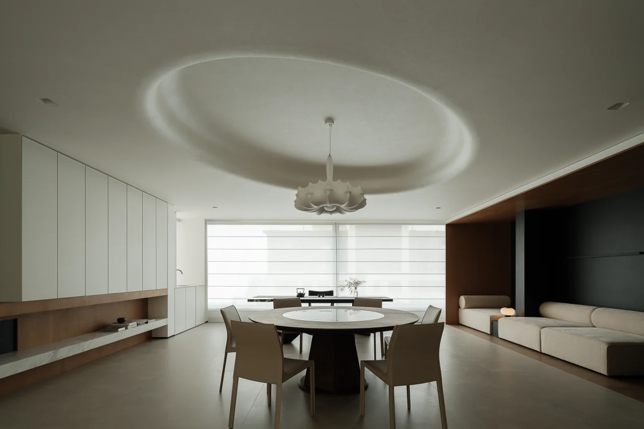 Finished dining area with full-wall storage cabinetry